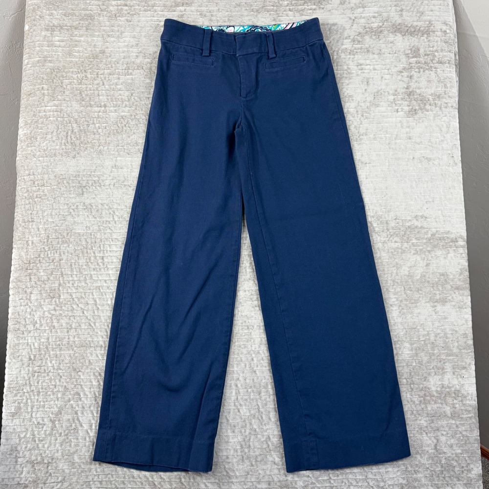 Lilly Pulitzer Main Line Fit Navy Blue Wide Leg Textured Cotton Trousers Size 2